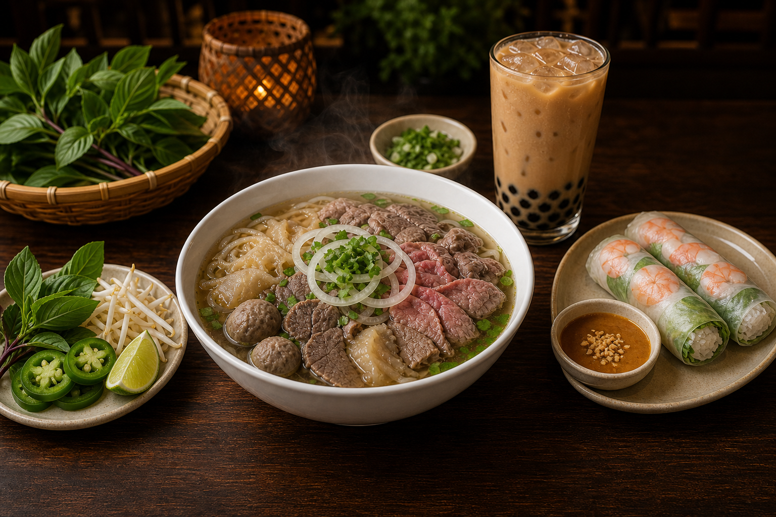 Vietnamese meal spread with pho, fresh rolls, herbs, and boba tea